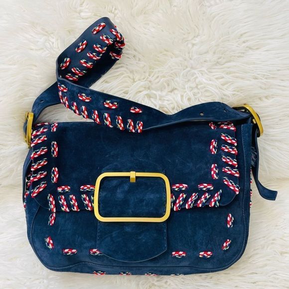 Tory Burch Sawyer Stitch Navy Suede Leather Shoulder Bag - Picture 2 of 11